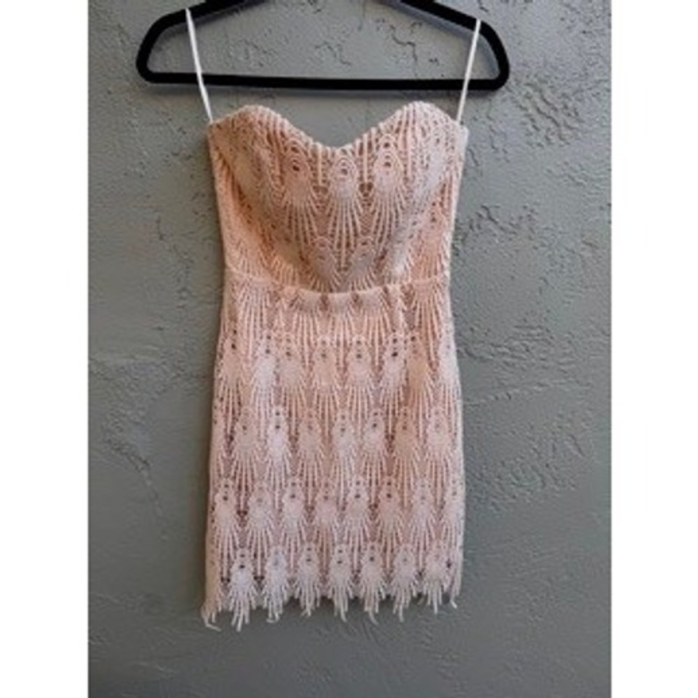 Aijek NEW Strapless Peach Crochet Lace Mini Dress Formal Wedding Coquette Party - Picture 3 of 11